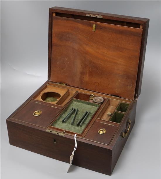 A George III mahogany stationery box 34cm wide, 14cm high